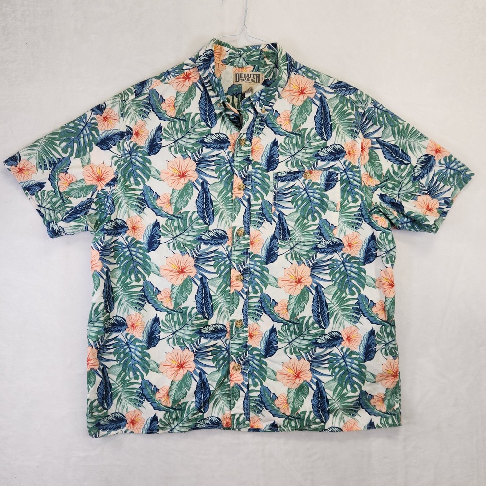 Duluth Trading Co Mens XL Tropical Hibiscus Monstera Print Cotton Shirt Relaxed